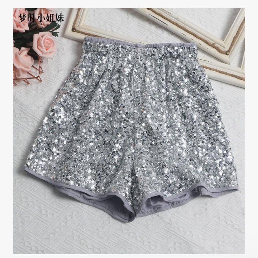 High Waist Silver Sequin Party Shorts